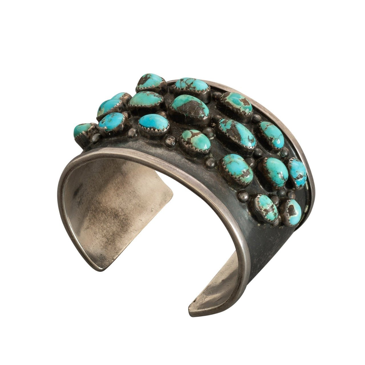 Vintage Wide Turquoise Cuff Of Multiple Stones in Sterling Silver - Turquoise & Tufa