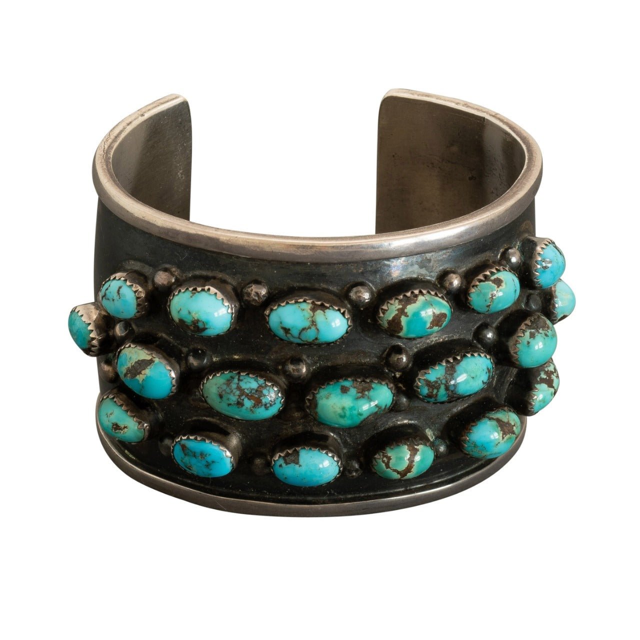 Vintage Wide Turquoise Cuff Of Multiple Stones in Sterling Silver - Turquoise & Tufa