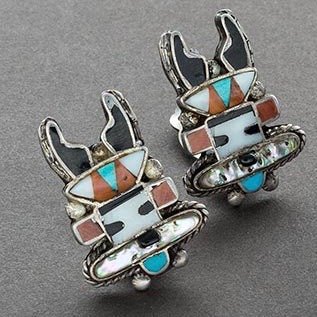 Vintage Zuni Antelope Katsina Earrings - Turquoise & Tufa