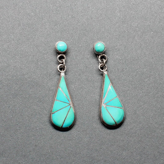 Vintage Zuni Dangle Earrings of Channel Inlay Turquoise - Turquoise & Tufa