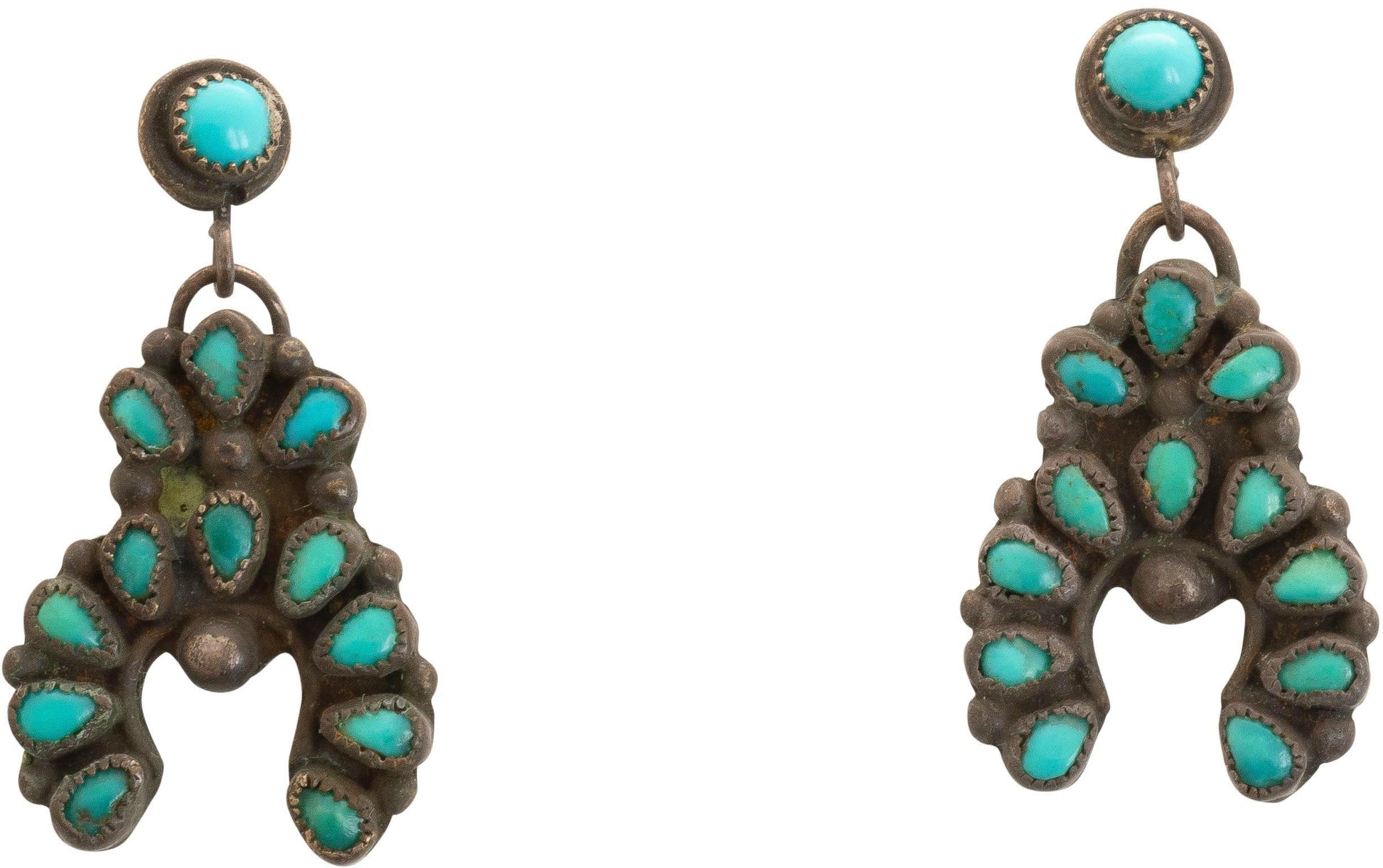 Vintage Zuni Dangle Earrings of Turquoise Petit Point Najas - Turquoise & Tufa