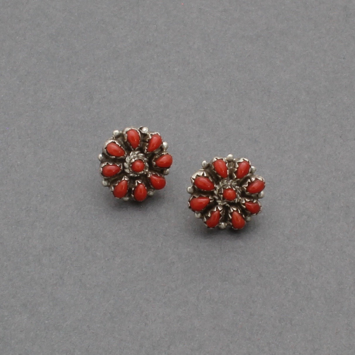 Vintage Zuni Earrings of Coral Petit Point Clusters - Turquoise & Tufa