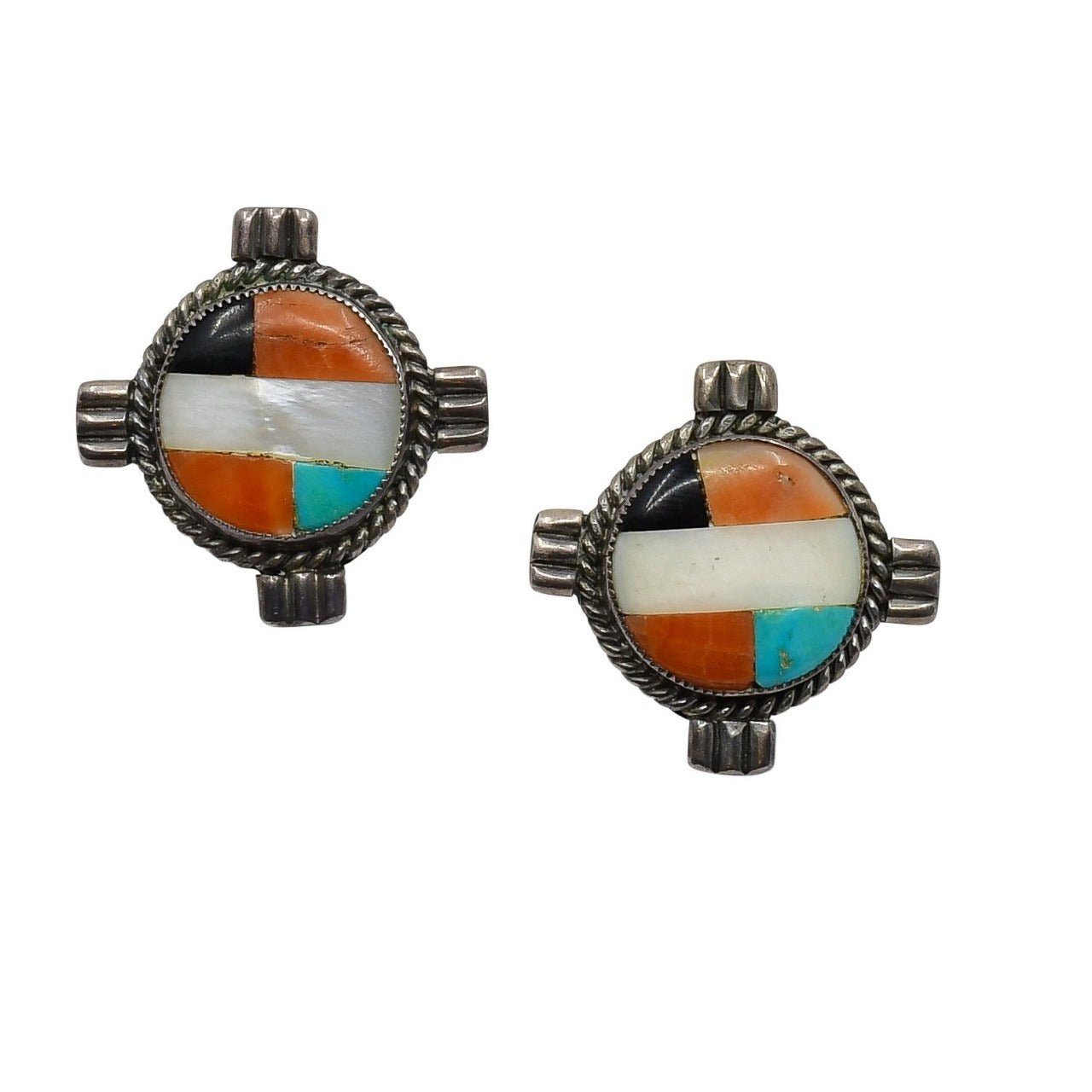 Vintage Zuni Earrings of Mosaic Inlay Four Directions - Turquoise & Tufa