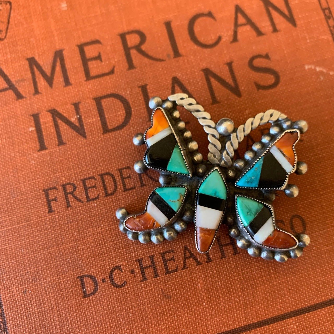 Vintage Zuni Inlay Butterfly Pin - Turquoise & Tufa