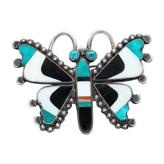 Vintage Zuni Inlay Butterfly Pin of Blue Gem Turquoise - Turquoise & Tufa