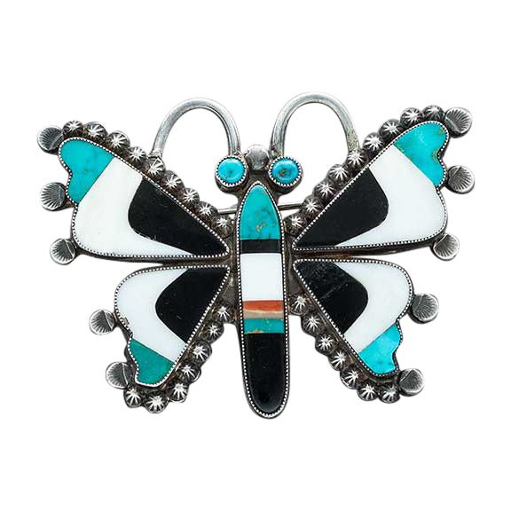 Vintage Zuni Inlay Butterfly Pin of Blue Gem Turquoise - Turquoise & Tufa