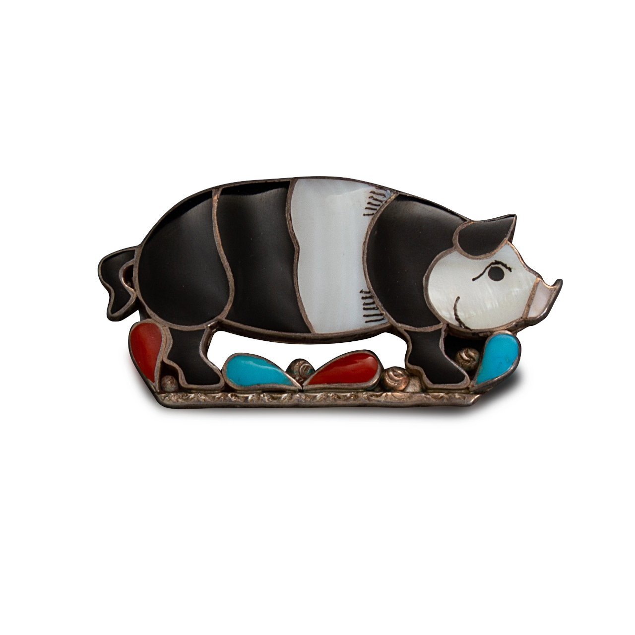 Vintage Zuni Inlay Pig Pin Pendant By Porfilio Sheyka - Turquoise & Tufa