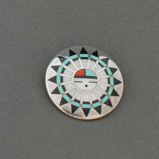 Vintage Zuni Inlay Sunface Or Tawa Pin Pendant - Turquoise & Tufa
