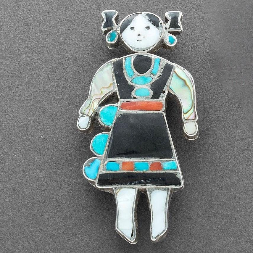 Vintage Zuni Maiden Pin of Complex Inlay - Turquoise & Tufa