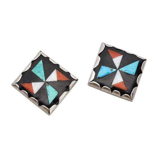 Vintage Zuni Mosaic Inlay Earrings of Turquoise and Coral Pinwheels - Turquoise & Tufa