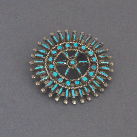 Vintage Zuni Pin of Turquoise and Silver Petit Point - Turquoise & Tufa