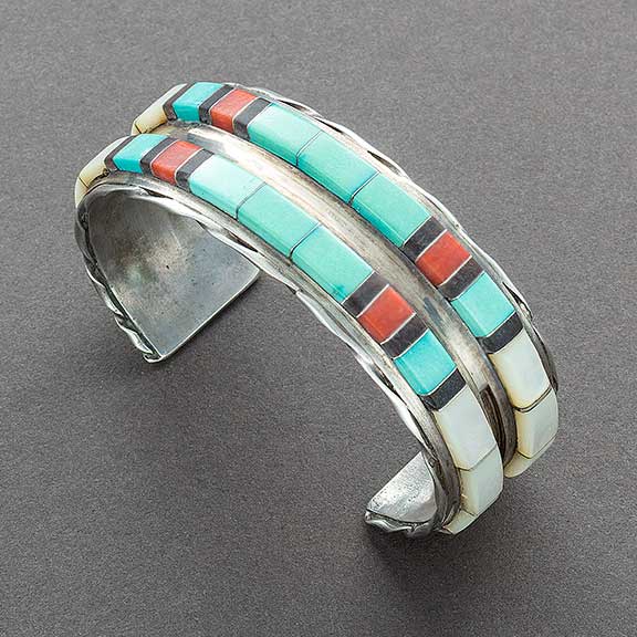 Vintage Zuni Raised Channel Inlay Bracelet by Martin and Esther Panteah - Turquoise & Tufa
