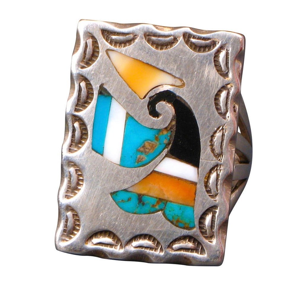 Vintage Zuni Ring of Stylized Inlay Bird Design Possibly By Dan Simplicio - Turquoise & Tufa