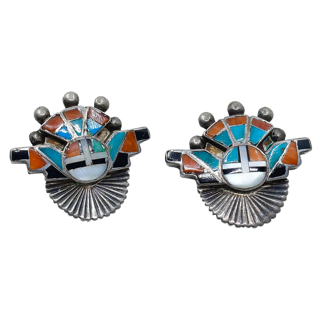Vintage Zuni Sun Katsina Pin Pendant and Earring Set - Turquoise & Tufa