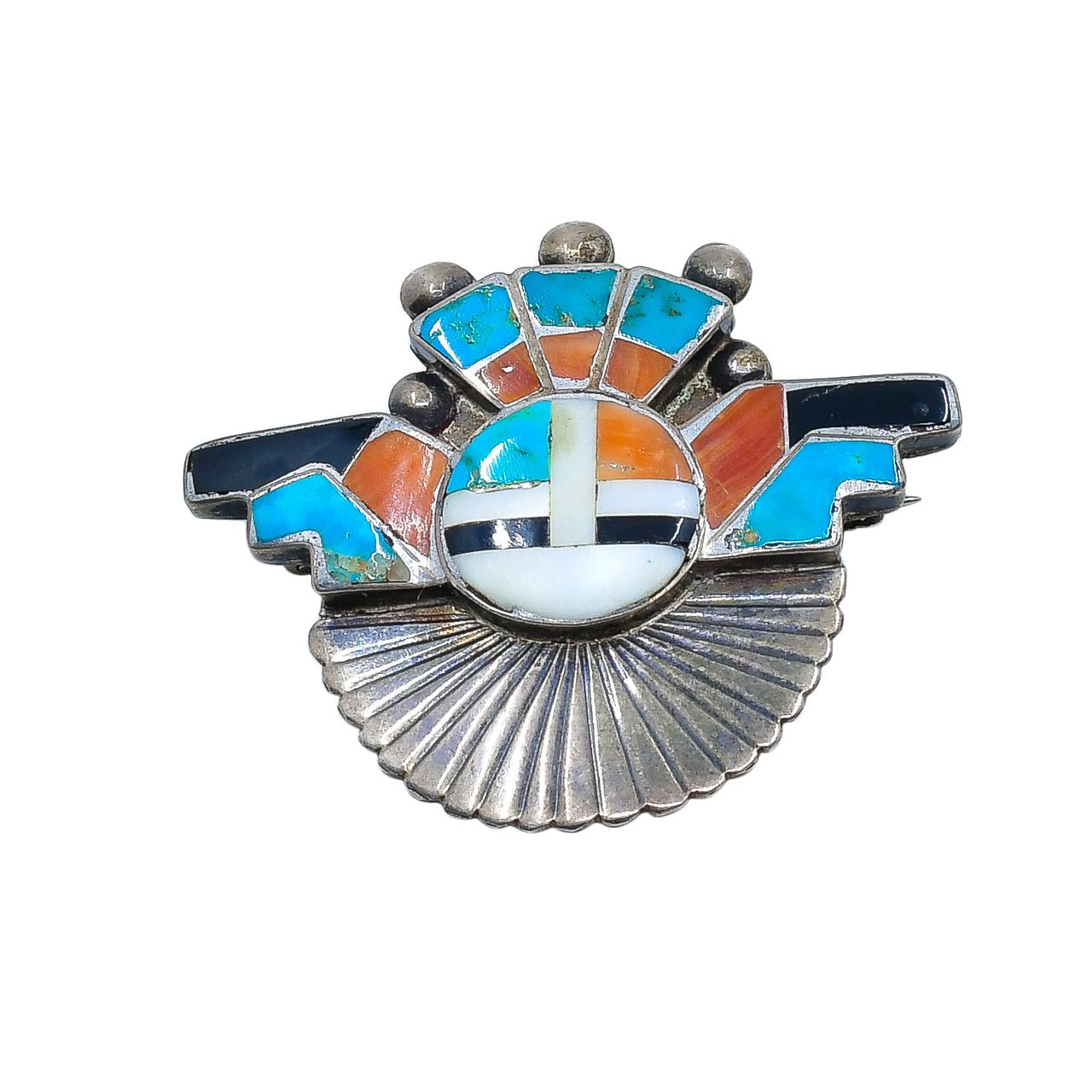 Vintage Zuni Sun Katsina Pin Pendant and Earring Set - Turquoise & Tufa