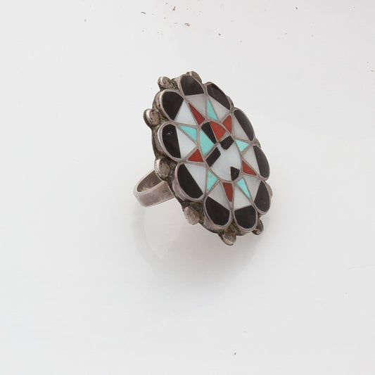 Vintage Zuni Sunface Ring of Inlay Stones - Turquoise & Tufa