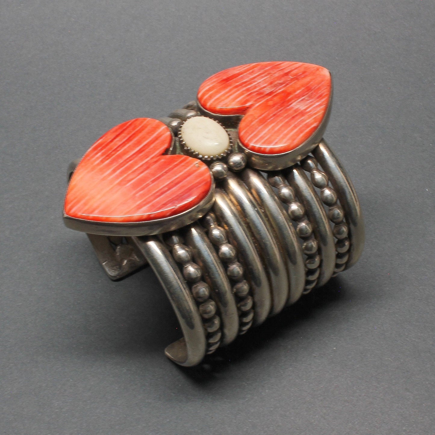 Wide Silver Bracelet With Spiny Oyster Hearts by Mike Bird Romero - Turquoise & Tufa