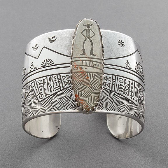 Wide Silver Cowboy Slim Bracelet by Navajo Jeweler Norbert Peshlakai - Turquoise & Tufa