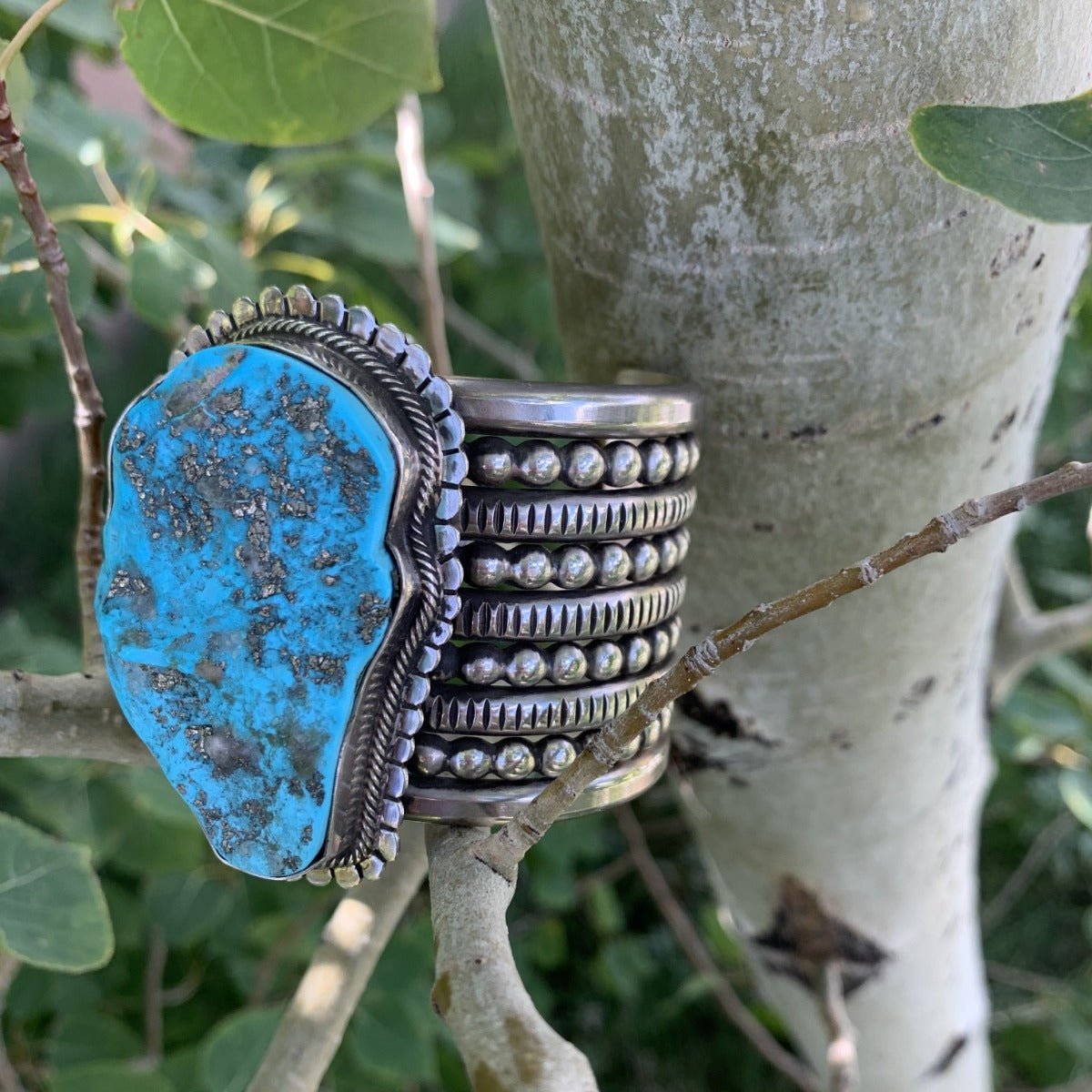 Wide Silver Cuff by Mike Bird Romero With Morenci Turquoise - Turquoise & Tufa