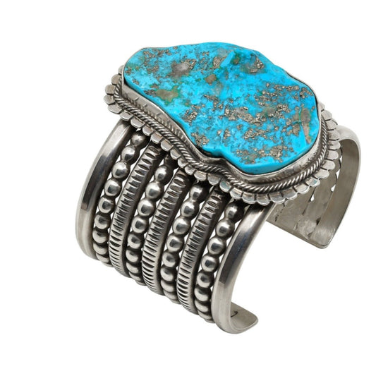 Wide Silver Cuff by Mike Bird Romero With Morenci Turquoise - Turquoise & Tufa