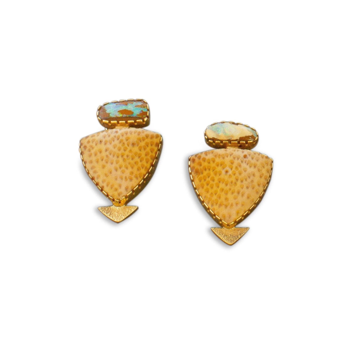 Yazzie Johnson and Gail Bird Earrings of 18kt Gold Palmwood and Opals - Turquoise & Tufa