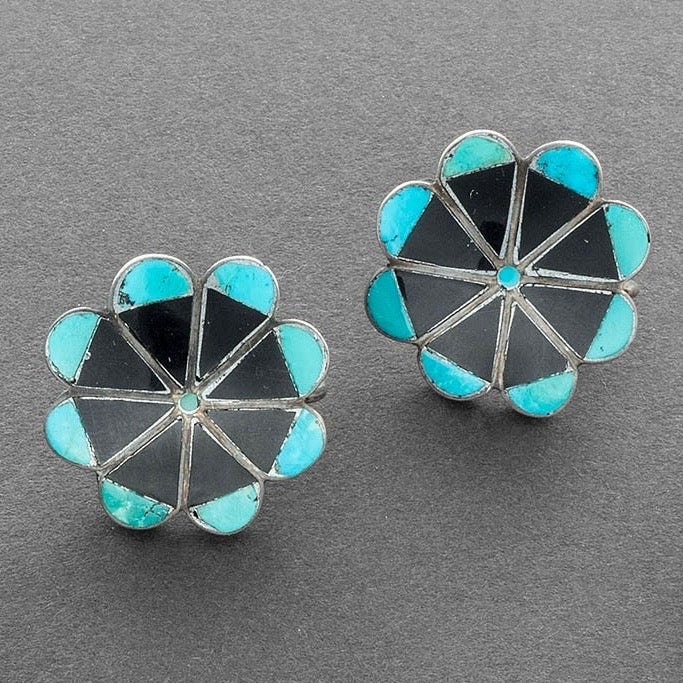 Zuni Earrings of Turquoise and Jet Inlay From C.G. Wallace Catalog - Turquoise & Tufa