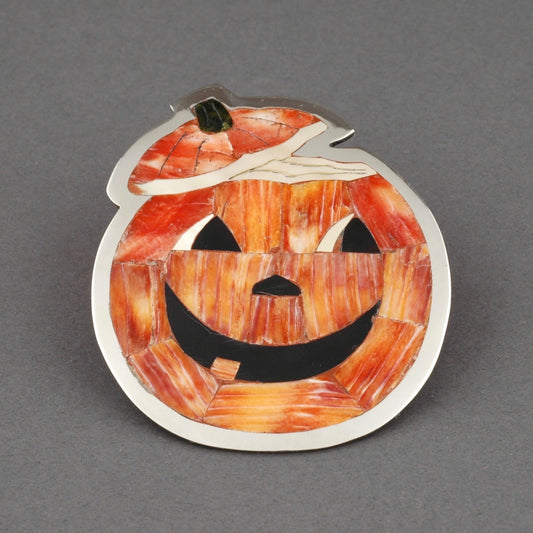 Zuni Inlay Jack-O-Lantern Brooch by Dale Edaakie - Turquoise & Tufa