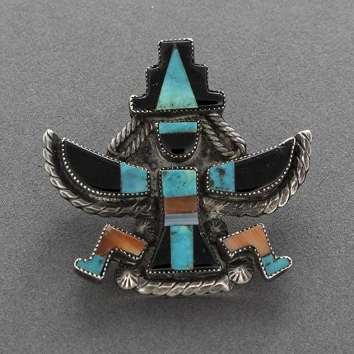 Zuni Knifewing Pin of Jet, Spiny Oyster, Turquoise, Jet and Mother of Pearl in Silver ca 1945 - Turquoise & Tufa