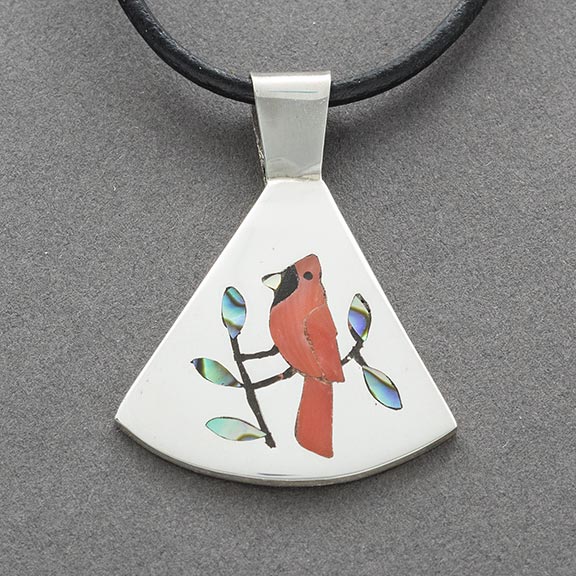 Zuni Silver Pendant With Inlay Cardinal By Sanford Edaakie - Turquoise & Tufa